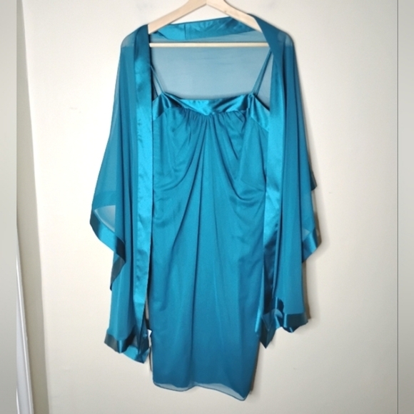 NWT Alex Evenings Satin-Trim Dress + Matching Shawl 8 Teal Shine Without Trying - Picture 7 of 8